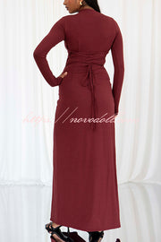 Venus Long Sleeve Ruched Side Slit Drape Ruffles Back Lace-up Stretch Maxi Dress