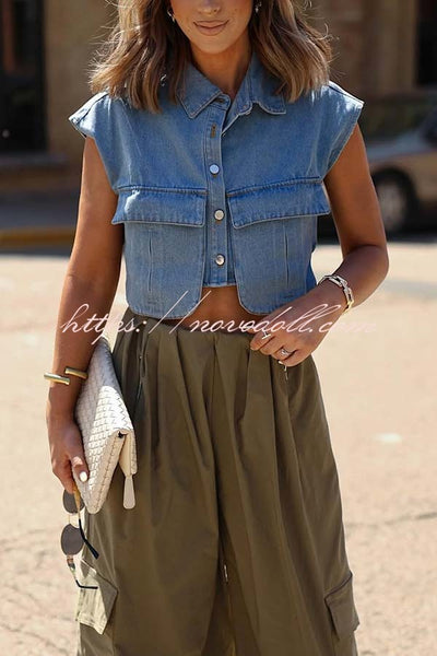 Stylish Weekend Denim Button Up Cape Sleeve Pocket Crop Top