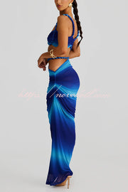 Sexy Halter Back Braided Suspender Top and Beach Holiday Style Hip-wrapped Maxi Skirt Set