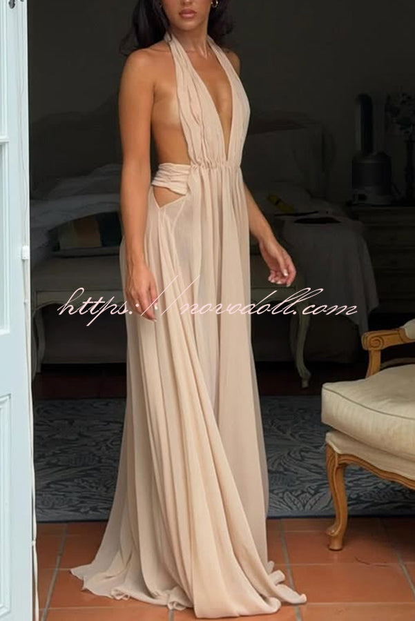 Ethereal Moment Tulle Cutout Ruched Waist Backless Halter Maxi Dress