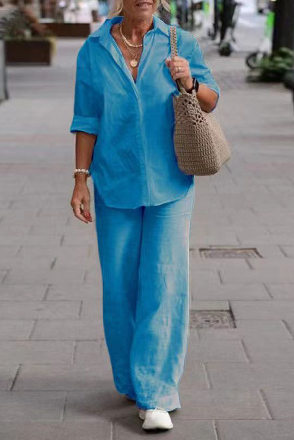 Solid Color Casual Long-sleeved Shirt and Elastic Waisted Loose Wide-leg Pants Set