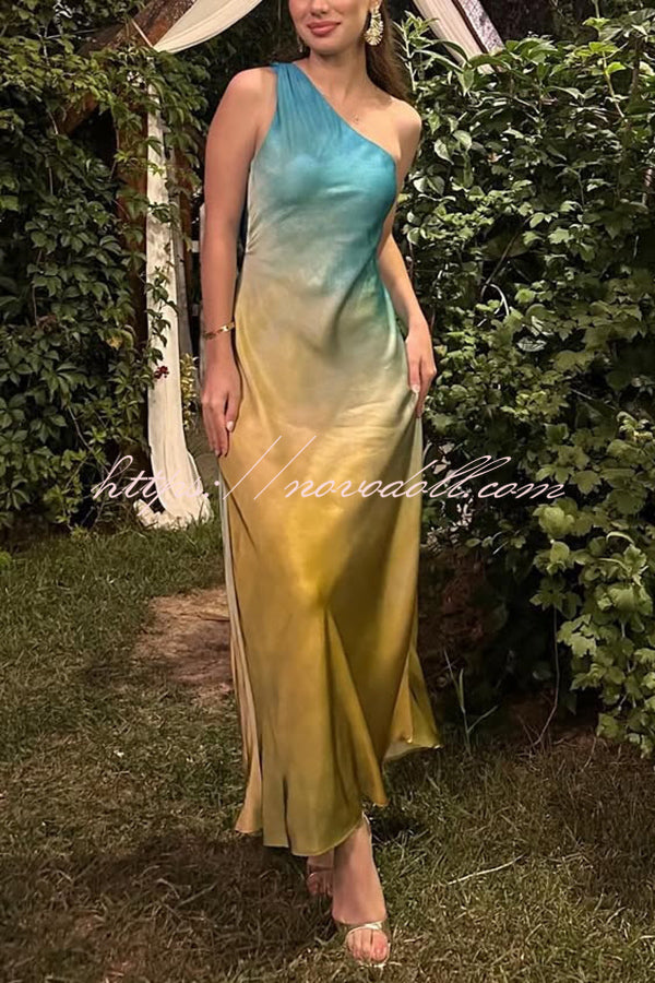 Satin Ombre One Shoulder Backless Fitted Maxi Dress