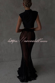 Shes Timeless Mesh High Rise Elastic Waist Fishtail Maxi Skirt