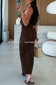 Solid Color Sleeveless Hollow Knit Crop Top and Elastic Slit Slim Midi Skirt Set