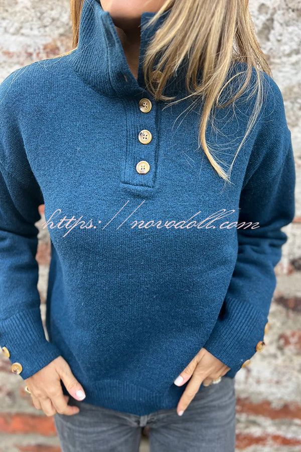 Solid Color High Collar Button Loose Long Sleeve Knitted Sweater
