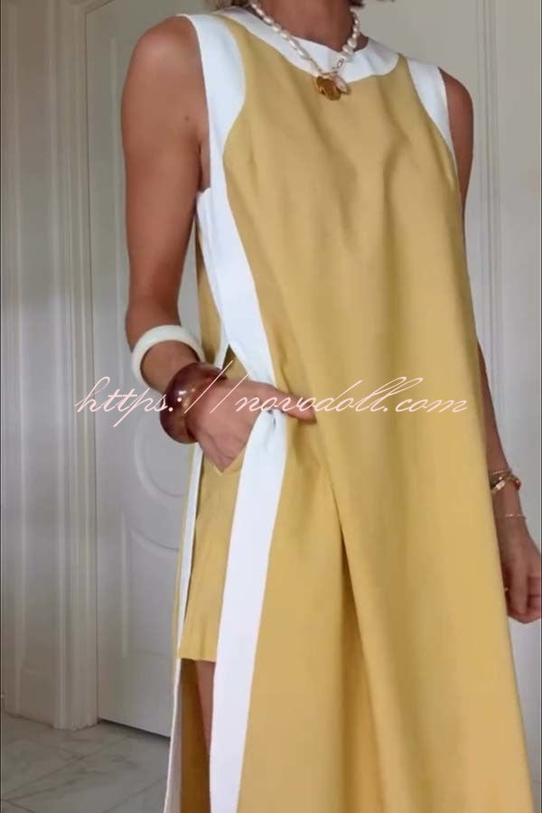 Ellie Contrast Color Sleeveless Midi Top and Elastic Waist Pocket Shorts Set