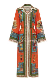 Linen Blend Unique Print Tie-waist Casual Maxi Dress