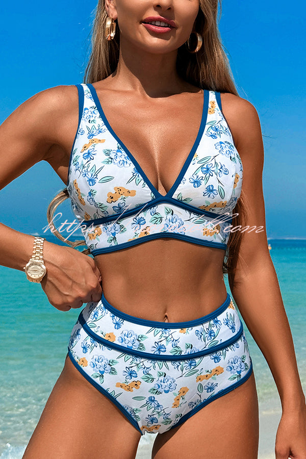 Solid Color Contrast High Waist Stretch Bikini Swimsuit