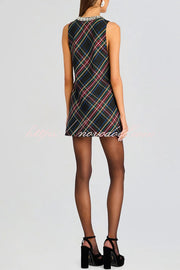 Elegant Demeanor Satin Gemstone Trim Deep V-Neck Tank H-line Mini Dress