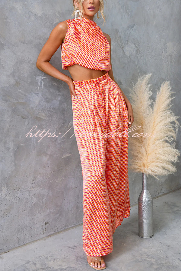 Girls Night Satin Printed High Neck Top and Elastic Tie-up Waist Pocket Wide Leg Pants Set
