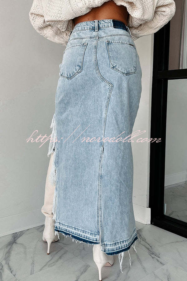 Darla Cutting Ties Heavily Distressed Denim Maxi Skirt