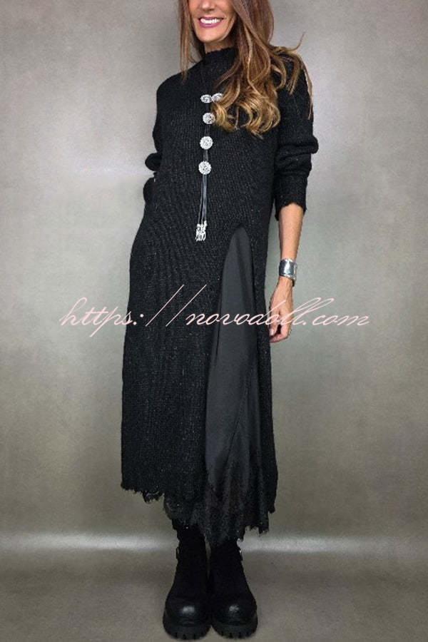 Solid Color Knitted Long-sleeved Casual Slit Midi Dress