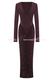 Sexy See-through Long-sleeved V-neck Pleated Slim-fit Maxi Dress