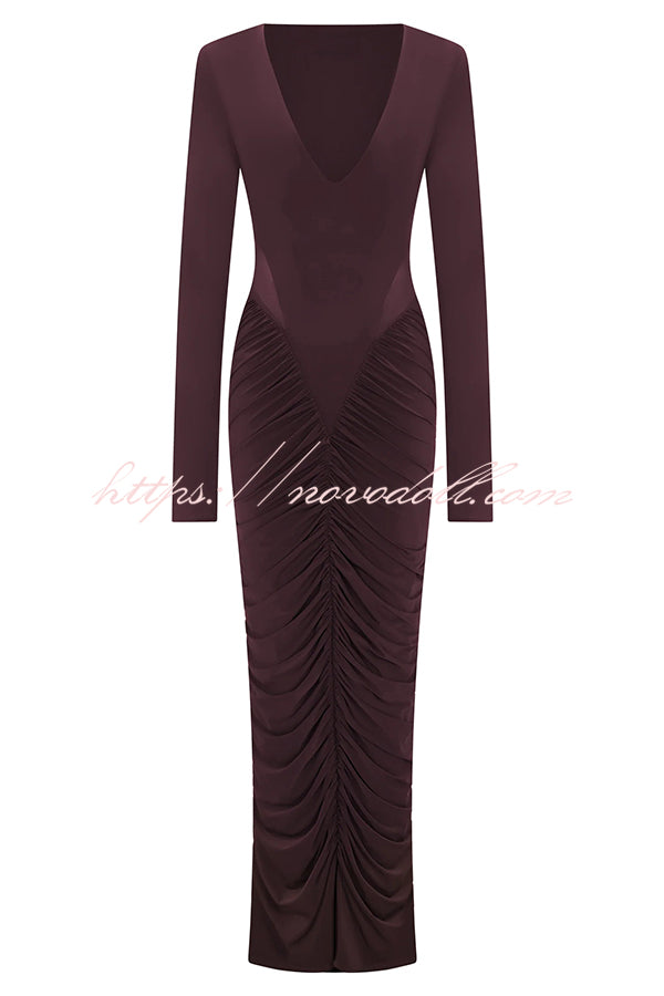 Sexy See-through Long-sleeved V-neck Pleated Slim-fit Maxi Dress