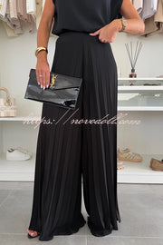 Fashionable Round Neck Shoulder Pads Top and Elastic Waist Pleated Wide-leg Pants Set