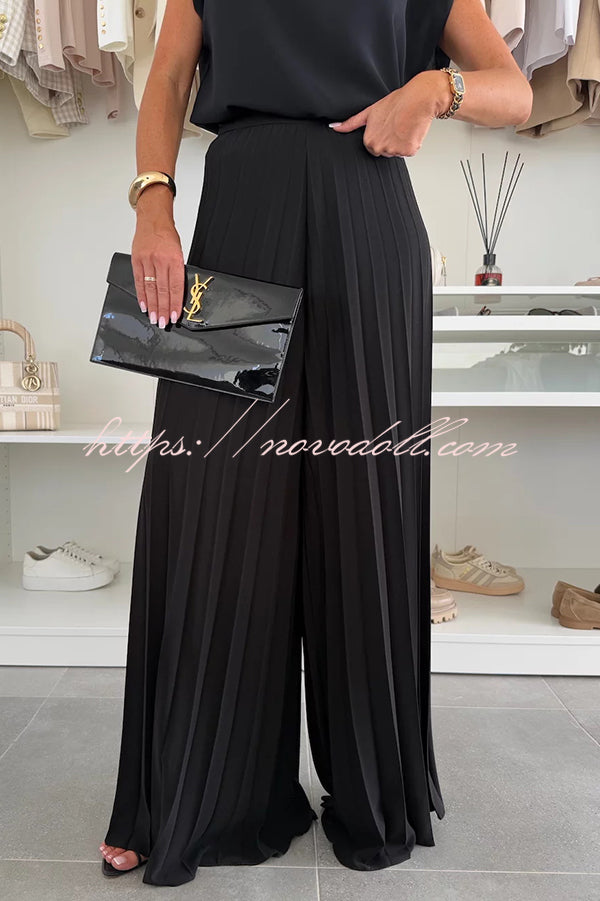 Fashionable Round Neck Shoulder Pads Top and Elastic Waist Pleated Wide-leg Pants Set