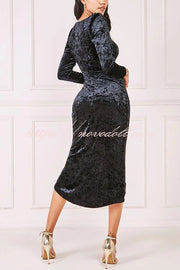 Solid Color Velvet Long-sleeved Slim-fit Slit Midi Dress