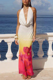Perfect Feminine Look Floral Print Halter Cowl Neck Maxi Dress