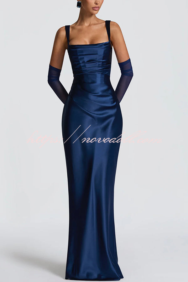 Calanthe Satin Square Neck Ruched Back Lace-up Drape Mesh Scarf Maxi Dress
