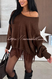 Comfy and Sweet Knit Lace Patchwork Hem Wide Neck Long Sleeve Loose Sweater