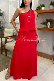 Solid Color One Shoulder Sleeveless Top and High Waisted Slit Tie Up Maxi Skirt Set