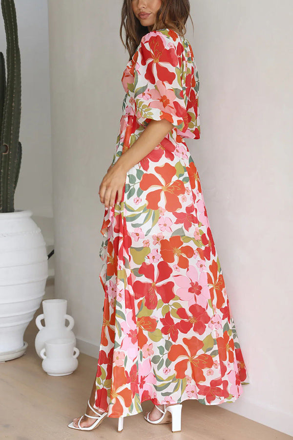 Del Mare Floral Puff Sleeve Front Cutout High Low Maxi Dress