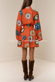 Linen Blend Unique Print Tie Waist Loose Mini Dress