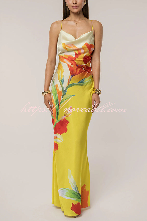 Luisa Satin Floral Print Cowl Neck Sexy Open Back Tie-up Maxi Dress