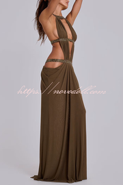 Khaki Hot-fix Rhinestone Shoulder Strap Cutout Design Backless Drape Maxi Dress