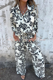 Linen Blend Unique Print Long Sleeve Loose Shirt and Elastic Waist Tie Pocket Pants Set