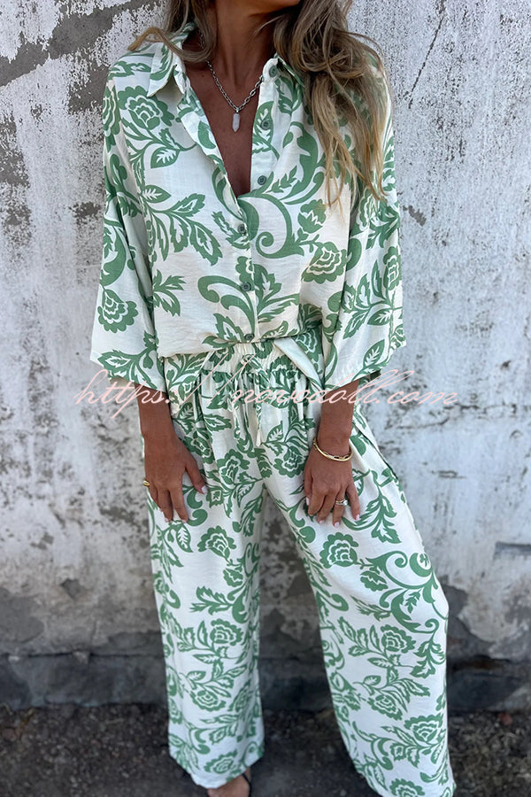 Linen Blend Unique Print Long Sleeve Loose Shirt and Elastic Waist Tie Pocket Pants Set