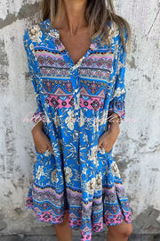 Ethnic Floral Print V-neck Loose Pocket Mini Dress