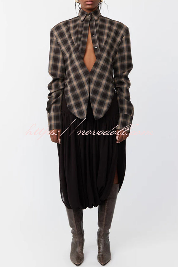 Vintage Plaid Shoulder Pad Buttons Long Sleeve Angled Hem Shirt