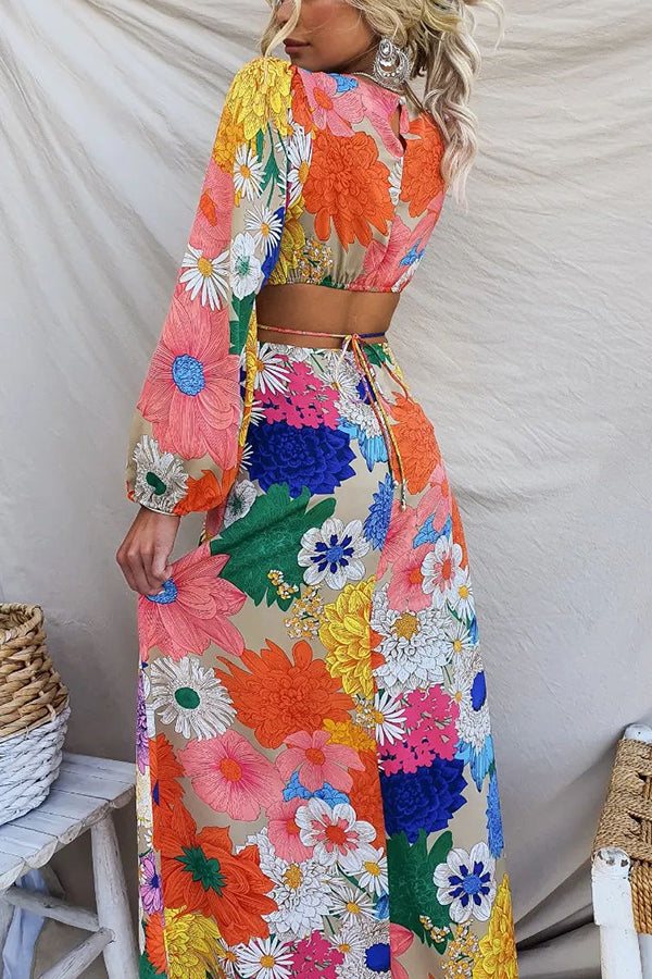 Bloom Forever Floral Print Cutout Elastic Waist Maxi Dress