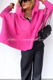 Warm Call Knit Long Sleeve Zipper Plush Hooded Pocket Loose Cardigan