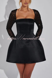 Like A Doll Sequin Long Sleeve Satin Pocketed Bubble Shape Mini Dress