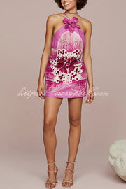 Artistic Flavor Linen Blend Printed Orchid Shape Halter Mini Dress