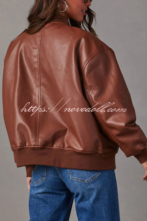 Solid Color Long Sleeve Loose Pocket Leather Jacket