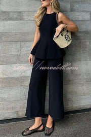 Solid Color Round Neck Sleeveless Casual Top and Loose Straight Pants Set