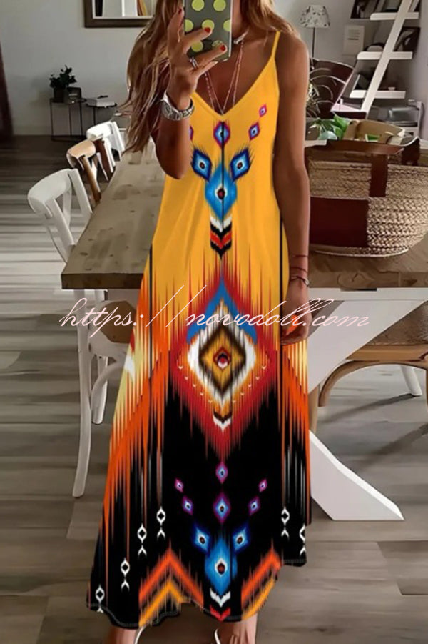 Unique Printed Suspender V-neck Loose Maxi Dress