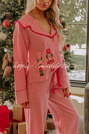 Nutcracker Charm Embroidered Gingham Loose Shirt and Elastic Waist Pajama Set