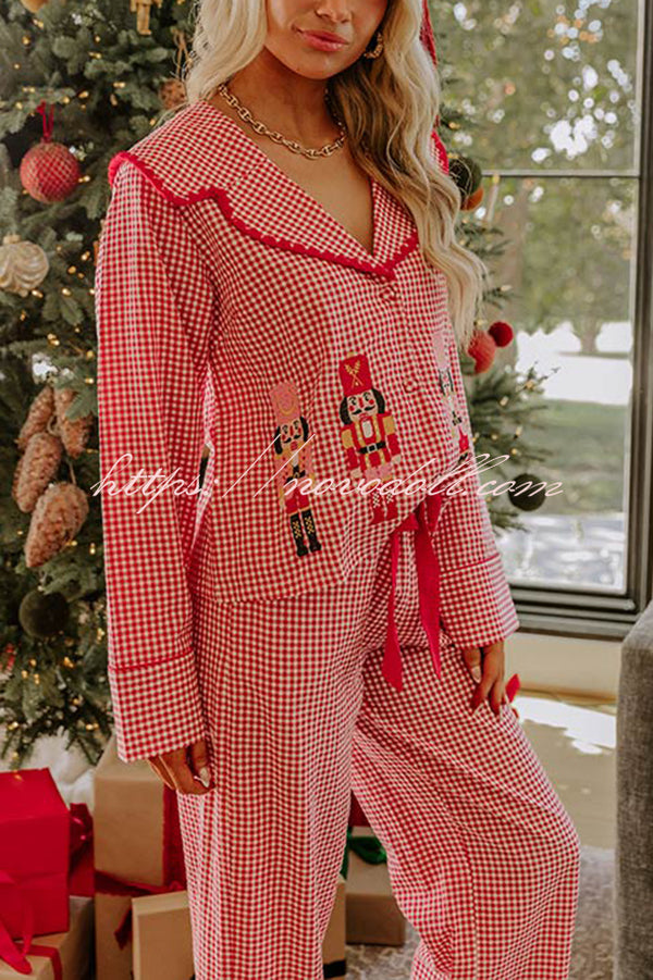Nutcracker Charm Embroidered Gingham Loose Shirt and Elastic Waist Pajama Set