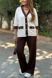Stylish Color-blocked V-neck Knitted Button-down Cardigan and Elastic Waist Casual Wide-leg Pants Set