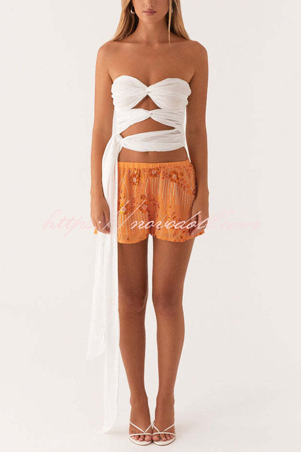 Dazzling Sequin Beaded Material Low Rise Elastic Waist Loose Shorts