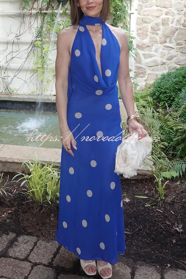 Fashion Polka Dot Print Sexy Halter Neck Backless Maxi Dress