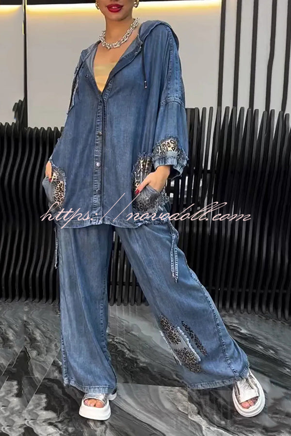 Fashion Loose Hooded Leopard Print Pocket Top and Casual Wide-leg Pants Set