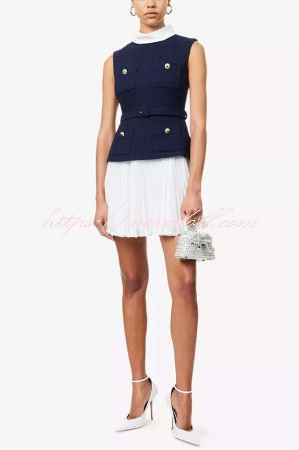 Sporty Elegance Tweed Metal Button Belted Pleated Hem Mini Dress