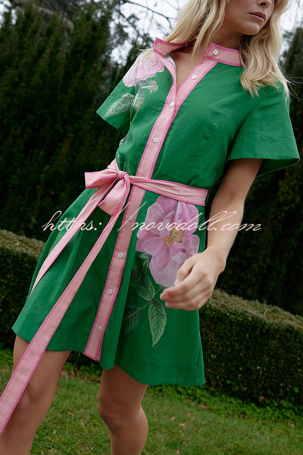 Floral Print Short Sleeve Button Waist Mini Dress
