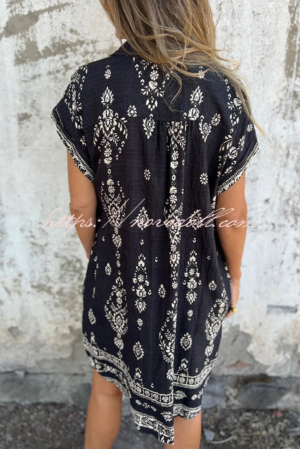 Linen Blend Unique Print Lapel Casual Pocket Mini Dress