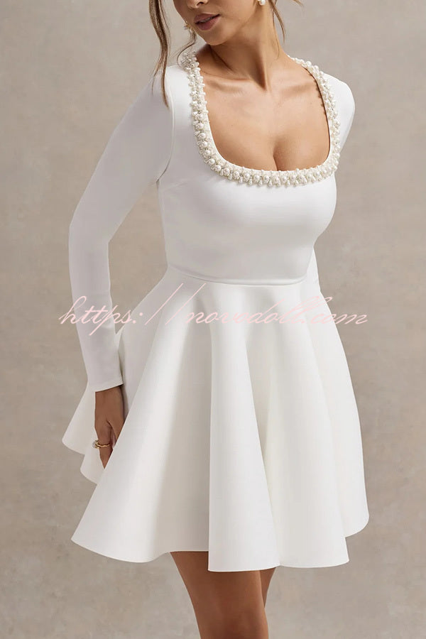 Playful Elegance Pearl Embellished Trim Long Sleeve Pleated Mini Dress